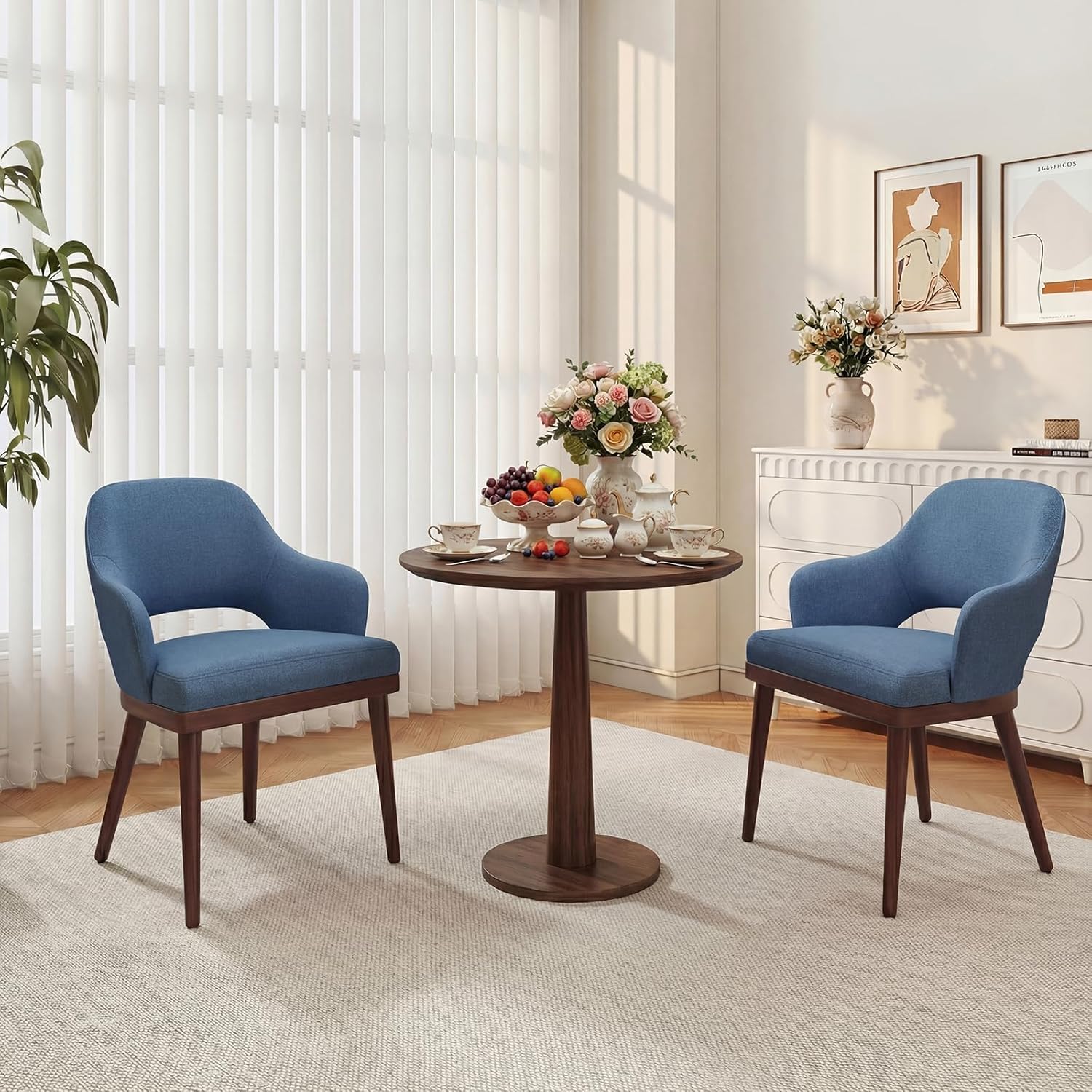 MALOL Wooden Dining Chairs Set of 2, Modern Fabric Upholstered Dining Room Chair, Kitchen Side Chairs, Farmhouse Dinner Chair with Open Back for Kitchen, Blue