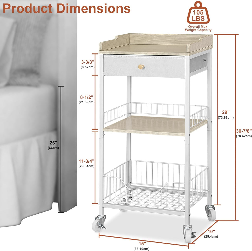 4-Tier Small Side Table with Storage Drawer, Tall Nightstand with Wheels & Basket, Rolling Bathroom Table for Small Spaces, Bedroom, Living Room, Dorm, White and Natural
