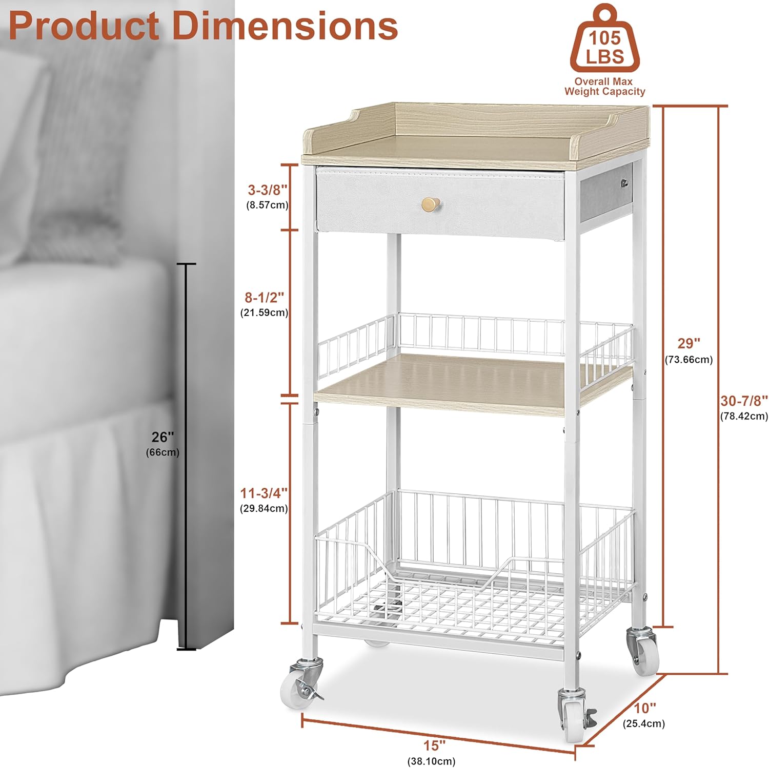 4-Tier Small Side Table with Storage Drawer, Tall Nightstand with Wheels & Basket, Rolling Bathroom Table for Small Spaces, Bedroom, Living Room, Dorm, White and Natural