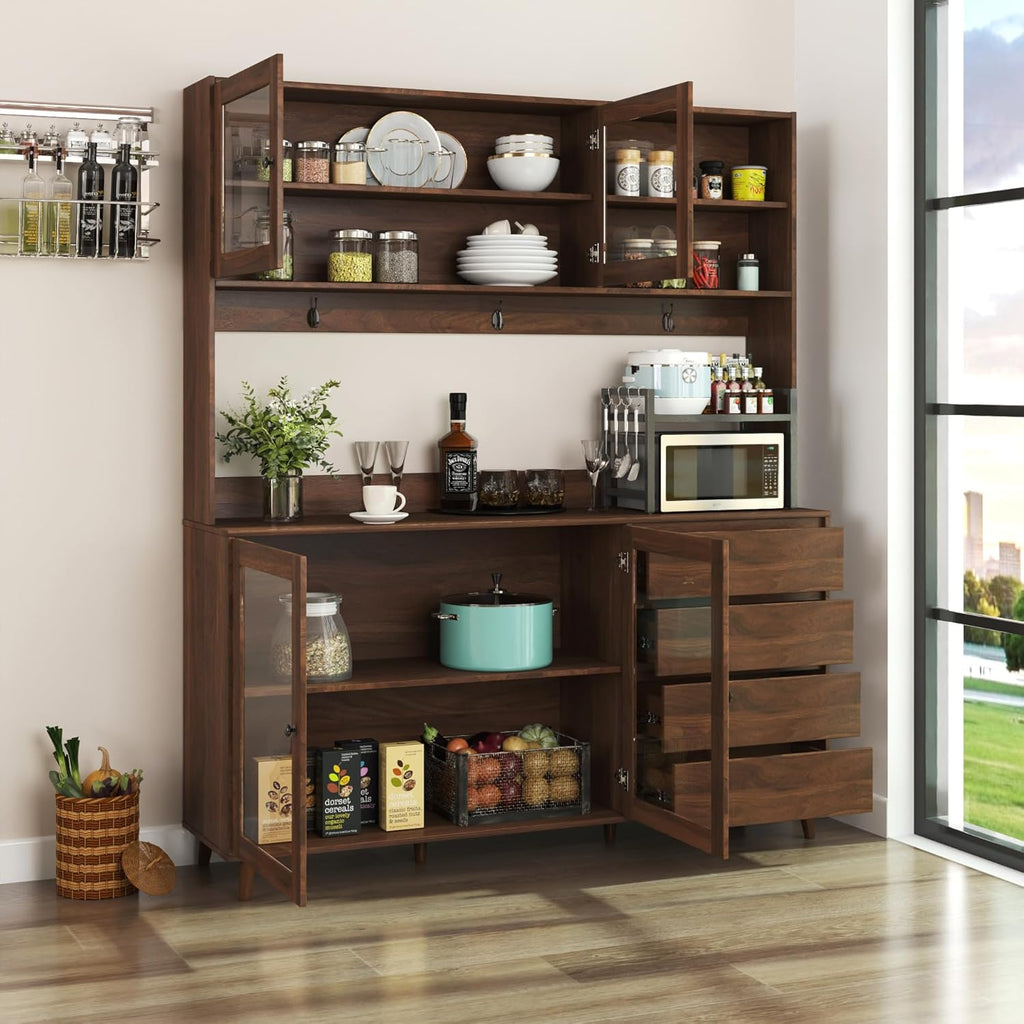 Freestanding Storage Cabinet with 4 Dawers, 3 Shelves, 2 French Doors, Rectangular Wood Kitchen Pantry, Farmhouse, for Living Room, Dining Room, Walnut