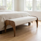 LukeAlon Extra Long Upholstered Bench, 51" Wide Mid-Century Modern Bench with Curved Solid Wood Legs, Comfy Linen Fabric Seat for Bedroom End of Bed, Living Room, Dining Table, Entryway Hallway