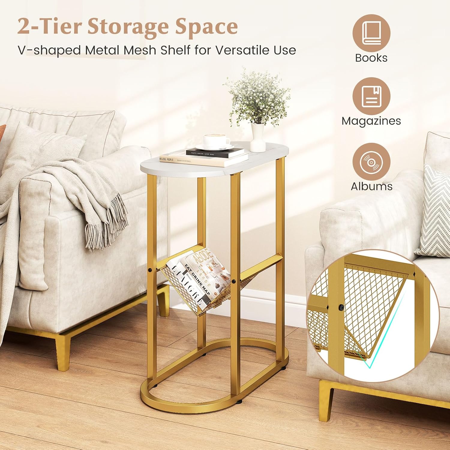 Giantex Oval Narrow Side Table, Small End Table with Magazine Rack Sling Holder Pouch, Modern Slim Nightstand, Bedside Tables for Living Room Bedroom Couch Small Spaces, White & Gold