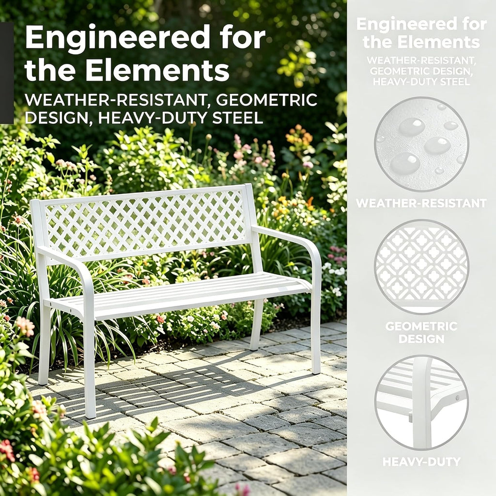 Heavy Duty White Metal Patio Garden Bench for 2 – 50" Wide, 790 lbs Capacity – Weather Resistant – Geometric Backrest & Slatted Seat – Porch, Deck, Entryway, Backyard Seating – White