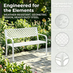 Heavy Duty White Metal Patio Garden Bench for 2 – 50" Wide, 790 lbs Capacity – Weather Resistant – Geometric Backrest & Slatted Seat – Porch, Deck, Entryway, Backyard Seating – White