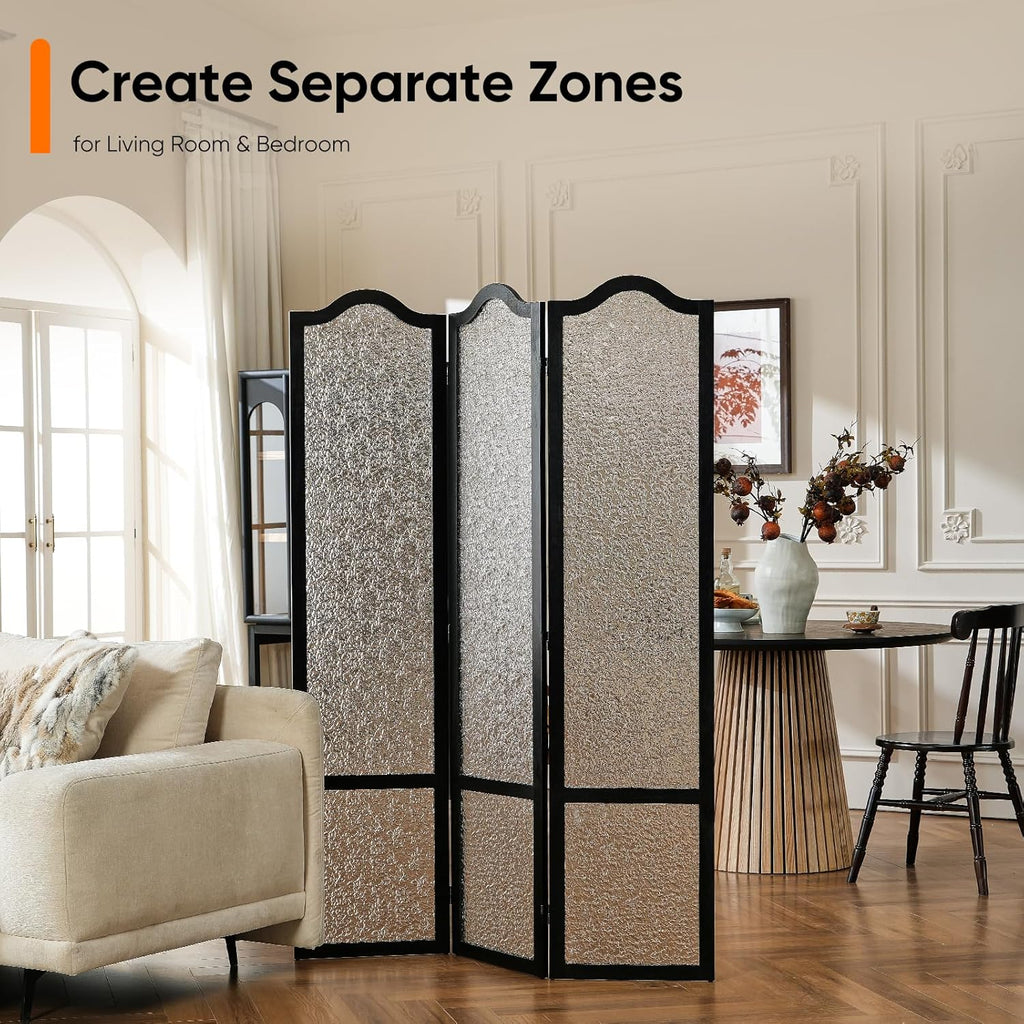JOSTYLE Acrylic Room Divider, Black, 3-Panel, 67" H x 47.2" W | Folding Privacy Screen, Frosted Glass Like, Wood Frame, For Bedroom Office & Loft