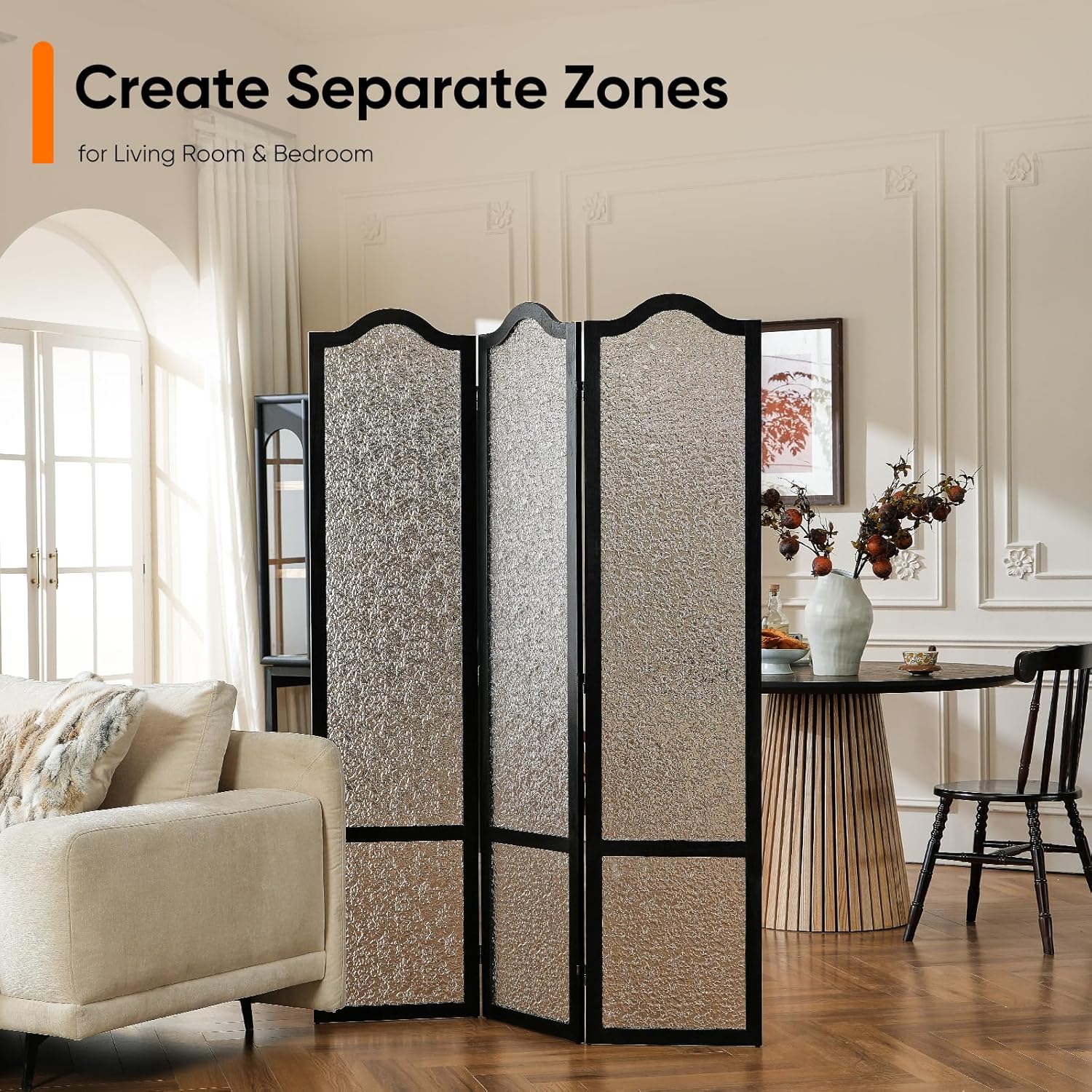 JOSTYLE Acrylic Room Divider, Black, 3-Panel, 67" H x 47.2" W | Folding Privacy Screen, Frosted Glass Like, Wood Frame, For Bedroom Office & Loft