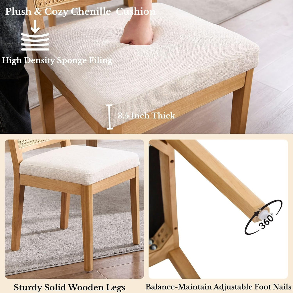 HNY Modern Farmhouse Rattan Dining Chairs Set of 4 Beige Chenille Upholstered Dining Room Chair with Cane Back Mid Century Natural Wood Kitchen Chairs, Boho Accent Wicker Woven Chairs for Living Room