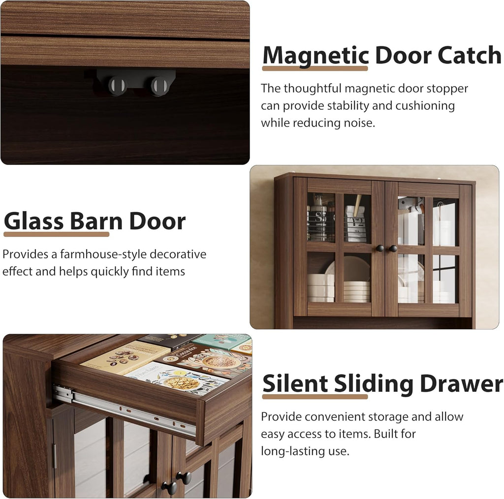 Garvee 72 Inch Kitchen Pantry Cabinet with Glass Doors, Drawer and Adjustable Shelves, Farmhouse Tall Storage Cabinet with Open Countertop, Coffee Bar Cabinet for Coffee Corner, Walnut