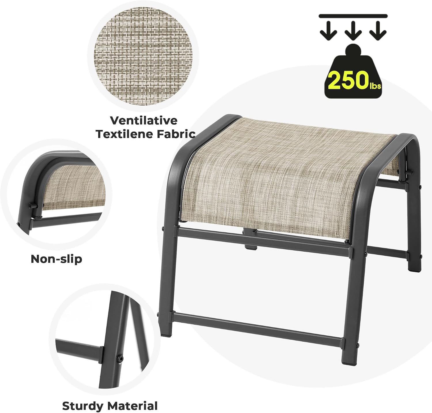 2-Pack Outdoor Textilene Fabric Footstools with Iron Frame - Waterproof Stackable Ottoman Set for Patio Garden and Poolside (Beige)