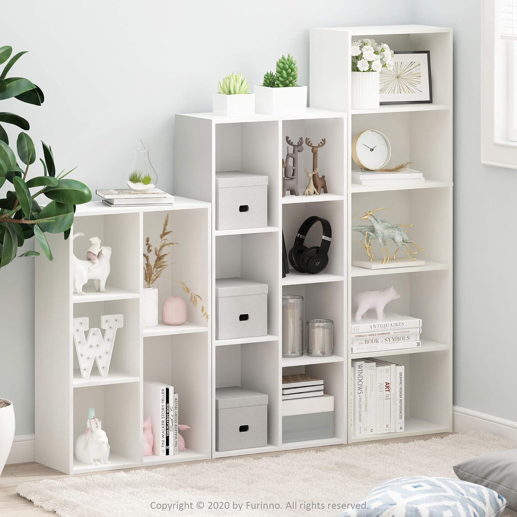 Furinno LUDER Book Shelf, 7-Cube Bookshelf, Bookcase with Open Shelves, 9.4 x 19.5 x 41.7, Easy Assembly, for Living Room, Bedroom, Home Office, Plain White