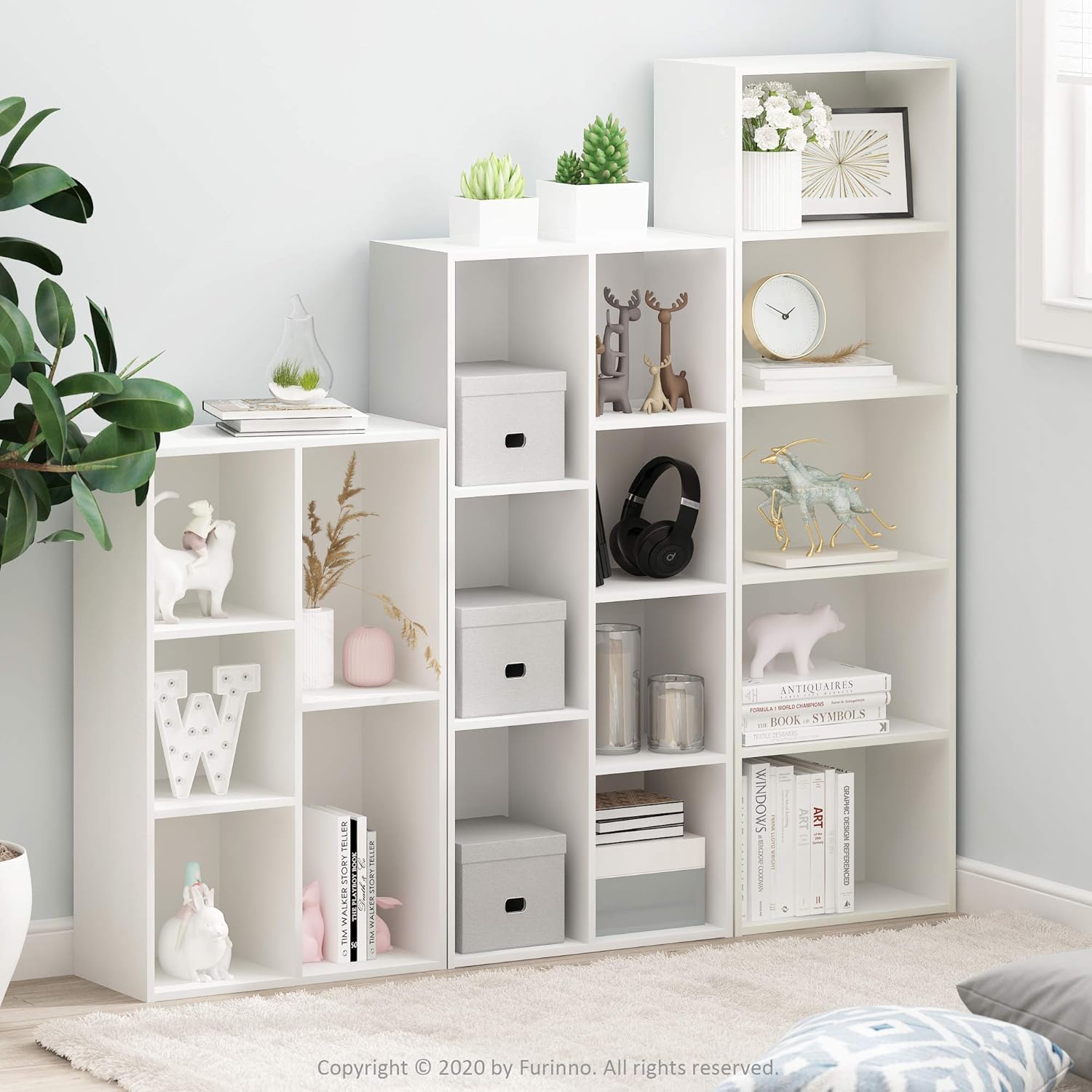 Furinno LUDER Book Shelf, 7-Cube Bookshelf, Bookcase with Open Shelves, 9.4 x 19.5 x 41.7, Easy Assembly, for Living Room, Bedroom, Home Office, Plain White