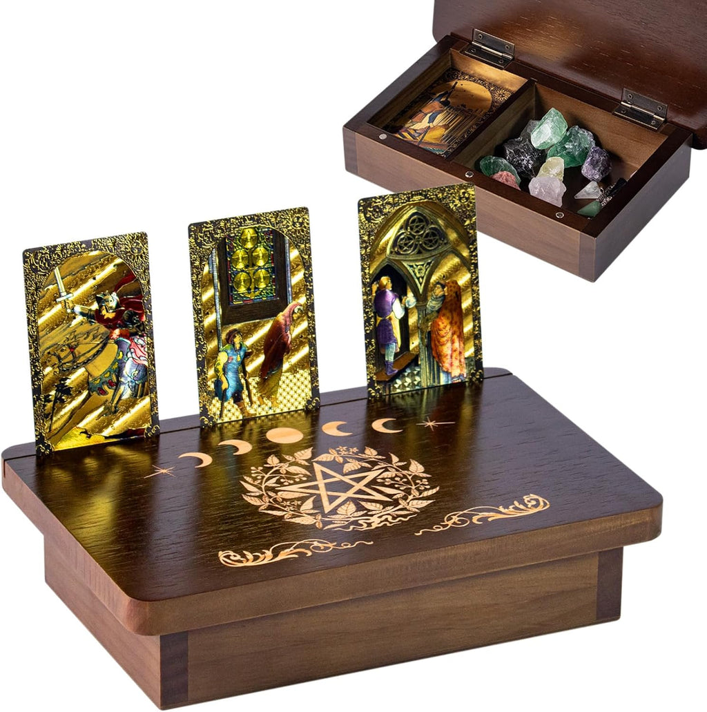 Wood Altar Table,Meditation Table with Storage Space and Tarot Card Holder,Tabletop Carved Sun and Moon Pattern Witchcraft Home Decor for Witchcraft Supplies, Divination, Prayer (A)