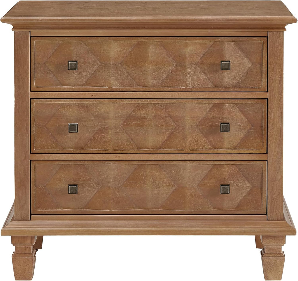 Traditional Geometric Textured Nightstand, 3 Drawer Solid Wood Bedside Table with Carved Front Panels, Rustic End Table for Bedroom Living Room, Apricot