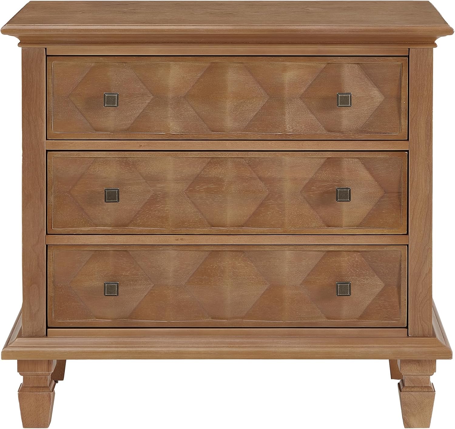 Traditional Geometric Textured Nightstand, 3 Drawer Solid Wood Bedside Table with Carved Front Panels, Rustic End Table for Bedroom Living Room, Apricot