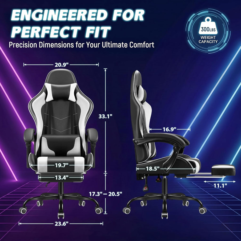 Patiowell Gaming Chair, Ergonomic Video Game Chair with Retractable Footrest and Massaging Lumbar Cushion, Reclining Computer Desk Chair with Adjustable Height, Swivel Seat, and Headrest (White)