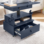Virubi Adjustable Height Flip-Top Side Table with 2 Drawers & Charging Station, Lockable Wheels for Home Office, Living Room, Bedroom, Small Space, Multi-Functional Design, Blue