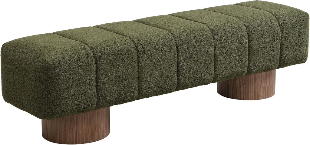 Merax 64" Upholstered Boucle Dining Bench Entryway End of Bed Ottoman Bench for Living Room Bedroom Dining Room, Wood Leg, Bear 300 LBS, No-Assembly (Green)