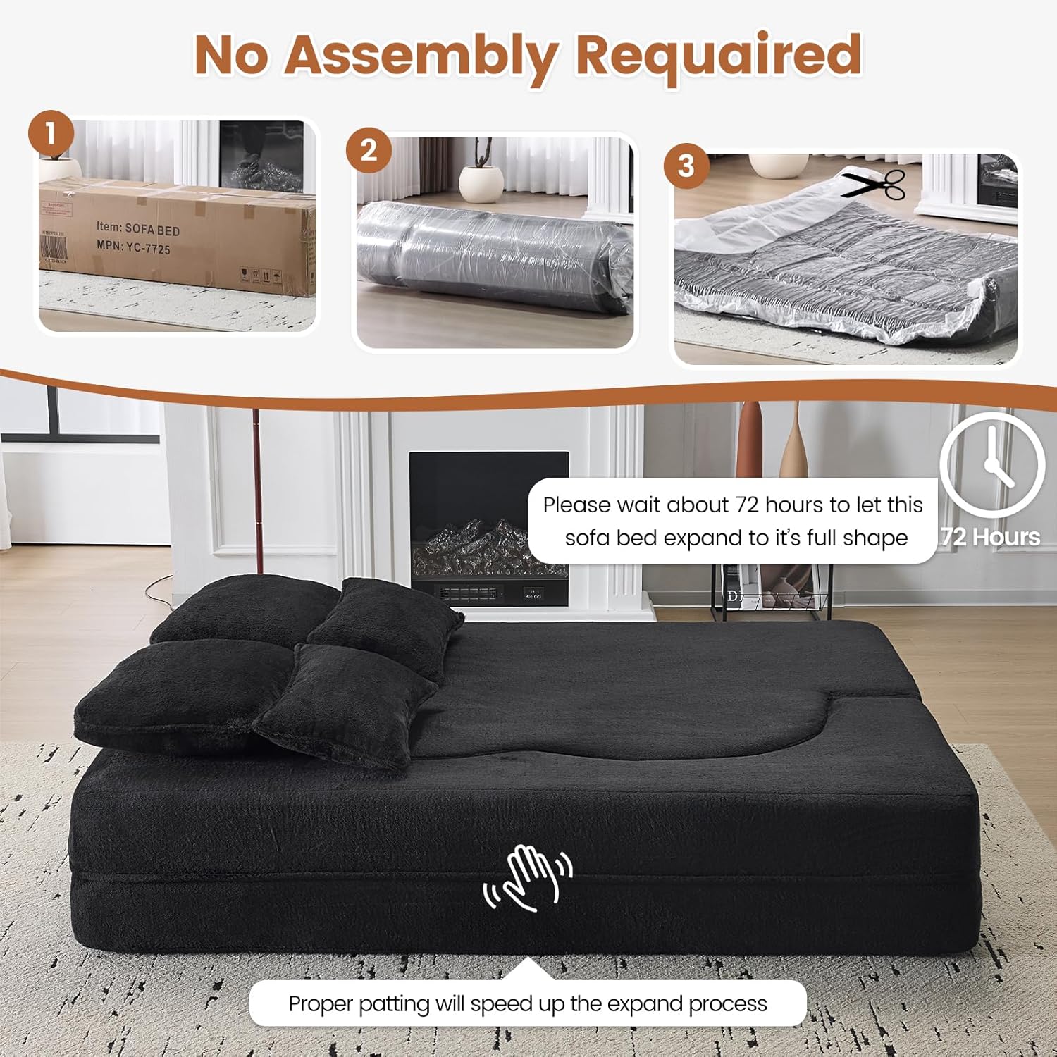 Convertible Folding Sofa Bed, 78” Full Size Loveseat Sleeper Sofa, Chenille Foldable Boneless Floor Couch with 4 Pillows for Guest Living Room Bedroom, No Assembly Required (Black)