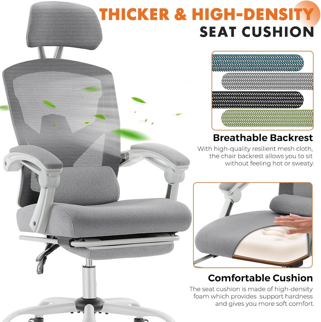Sweetcrispy Office Computer Desk Chair with Footrest,Ergonomic High-Back Mesh Rolling Work Swivel Chairs with Wheels,Comfortable Lumbar Support,Comfy Arms for Home,Bedroom,Study,Student,Light Grey