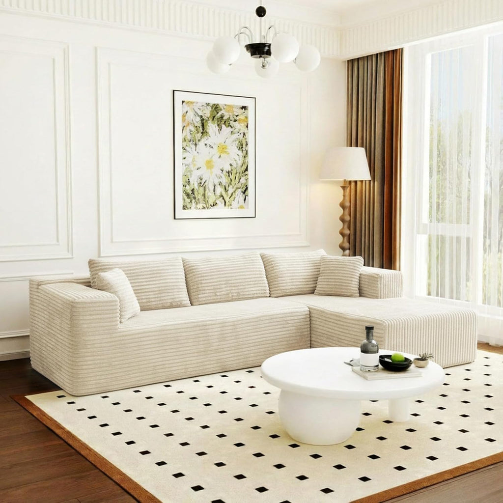 FUFU&GAGA 105.9” Sectional Sofa with Chaise, L-Shape Corduroy Cloud Couch with Pillows, Modern Boneless Sofa for Living Room Apartment, No Assembly Required, Beige, 105.9”W x 68.9”D x 26.4”H