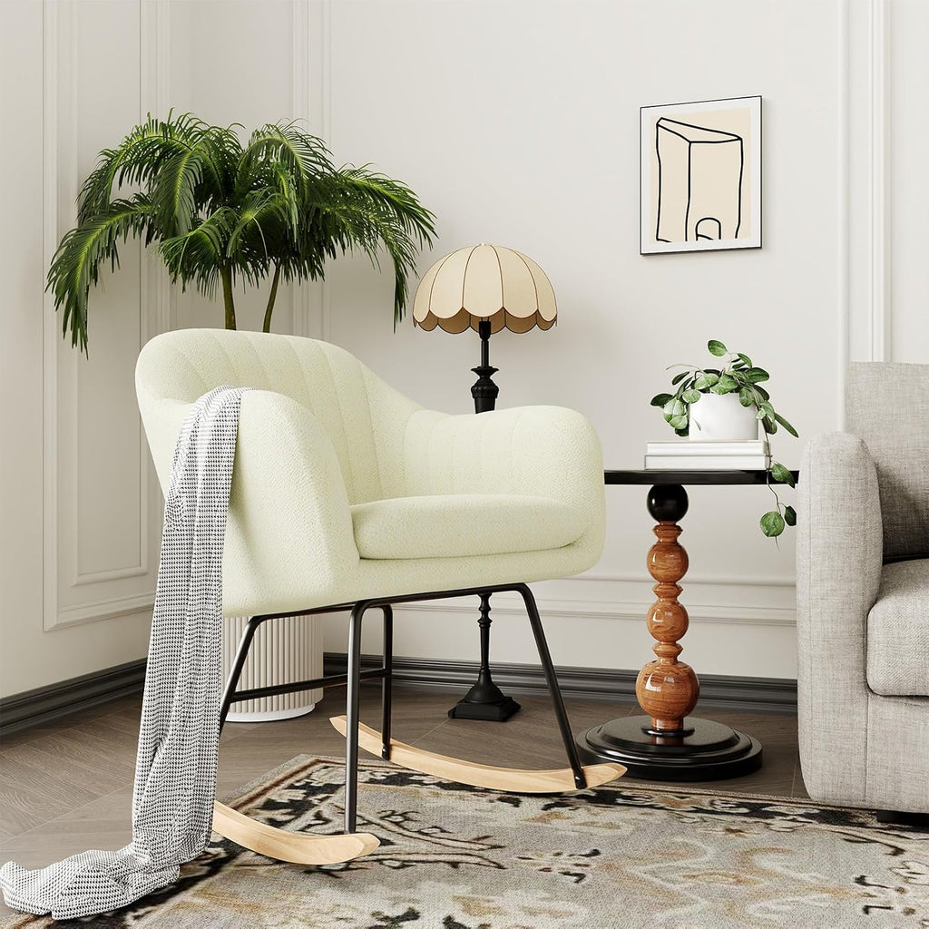 GarveeHome Nursery Rocking Chair, Upholstered Chenille Glider Rocker Chair, Modern Armchair With Wood Legs, Indoor Comfy Accent Chair Nursing Chairs Holds Up to 350 LBS for Living Room, Bedroom, Beige
