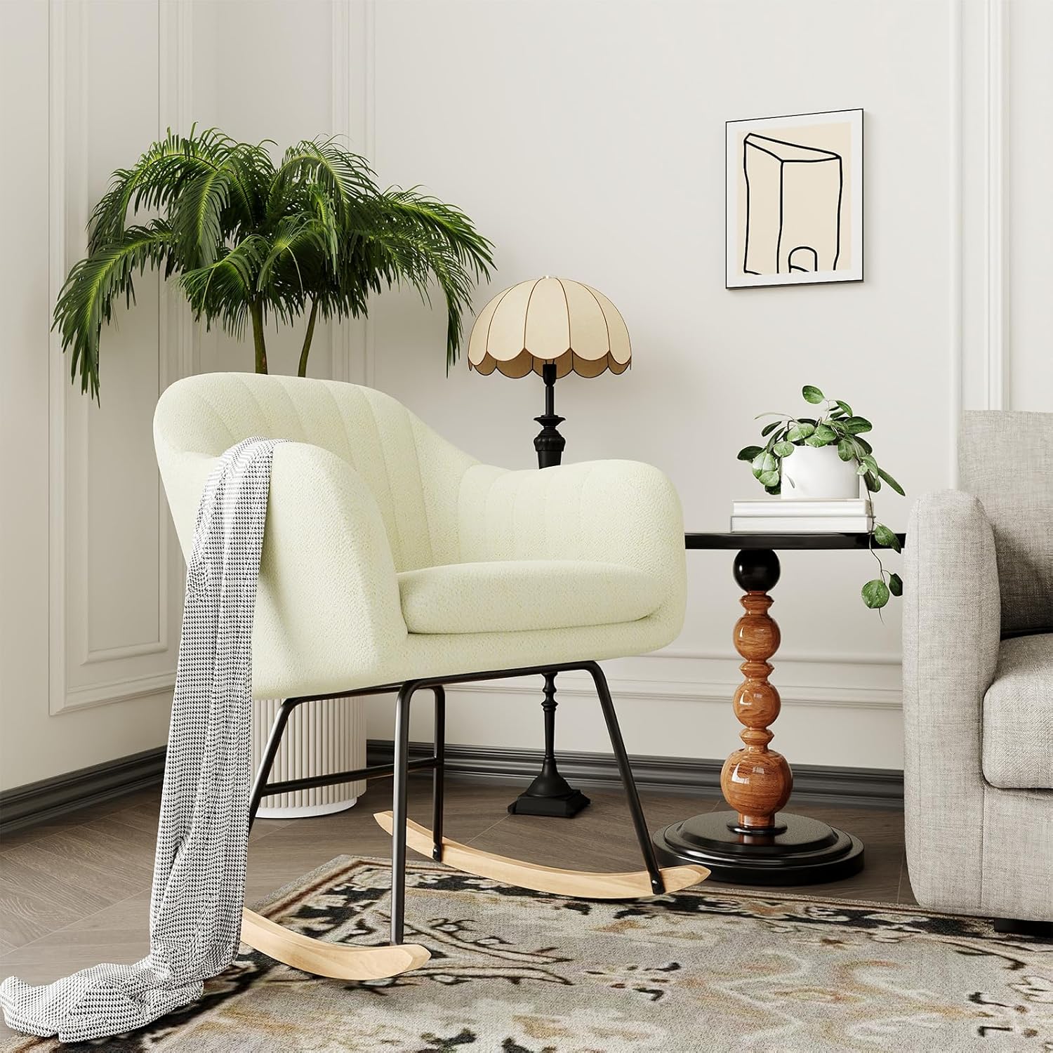 GarveeHome Nursery Rocking Chair, Upholstered Chenille Glider Rocker Chair, Modern Armchair With Wood Legs, Indoor Comfy Accent Chair Nursing Chairs Holds Up to 350 LBS for Living Room, Bedroom, Beige