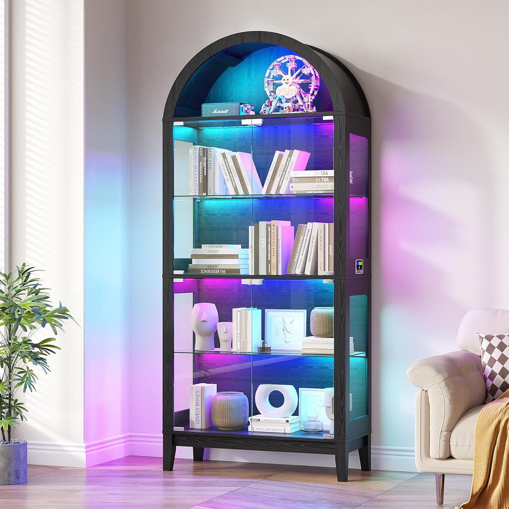 HNEBC Arched Display Case with RGB Lights, 69" Tall 5-Tier Tempered Glass Display Cabinet with Doors, LED Curio Cabinet with Shelf, Bookcase with Music-Synced Lighting for Living Room (Black)