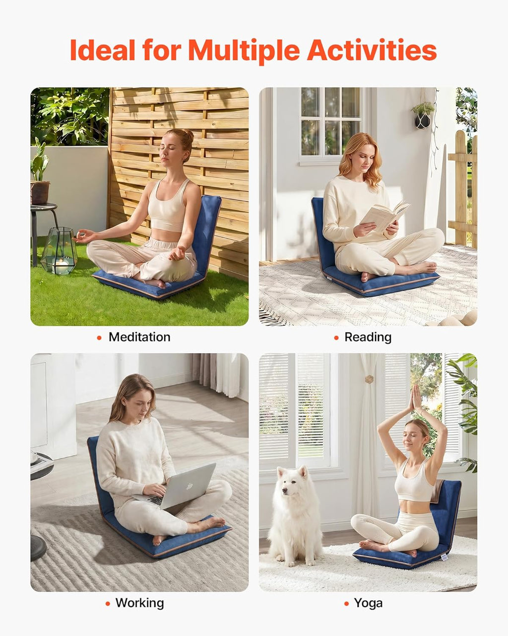 VEVOR Floor Chair, 6 Adjustable Positions Folding Floor Gaming Chair with Back Support, Easy to Carry, Sturdy Metal Frame with Recycled Foam and Suede Fabric Surface, for Reading, Relaxing, Dark Blue