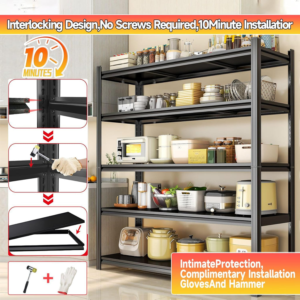 5-Tier Kitchen Storage Shelves, 2500LBS Heavy Duty Garage Metal Shelving Unit, 72" H Adjustable Pantry shelves, Industrial Storage Rack, Microwave Stand & Bakers Rack for Home Office, Garage - Black