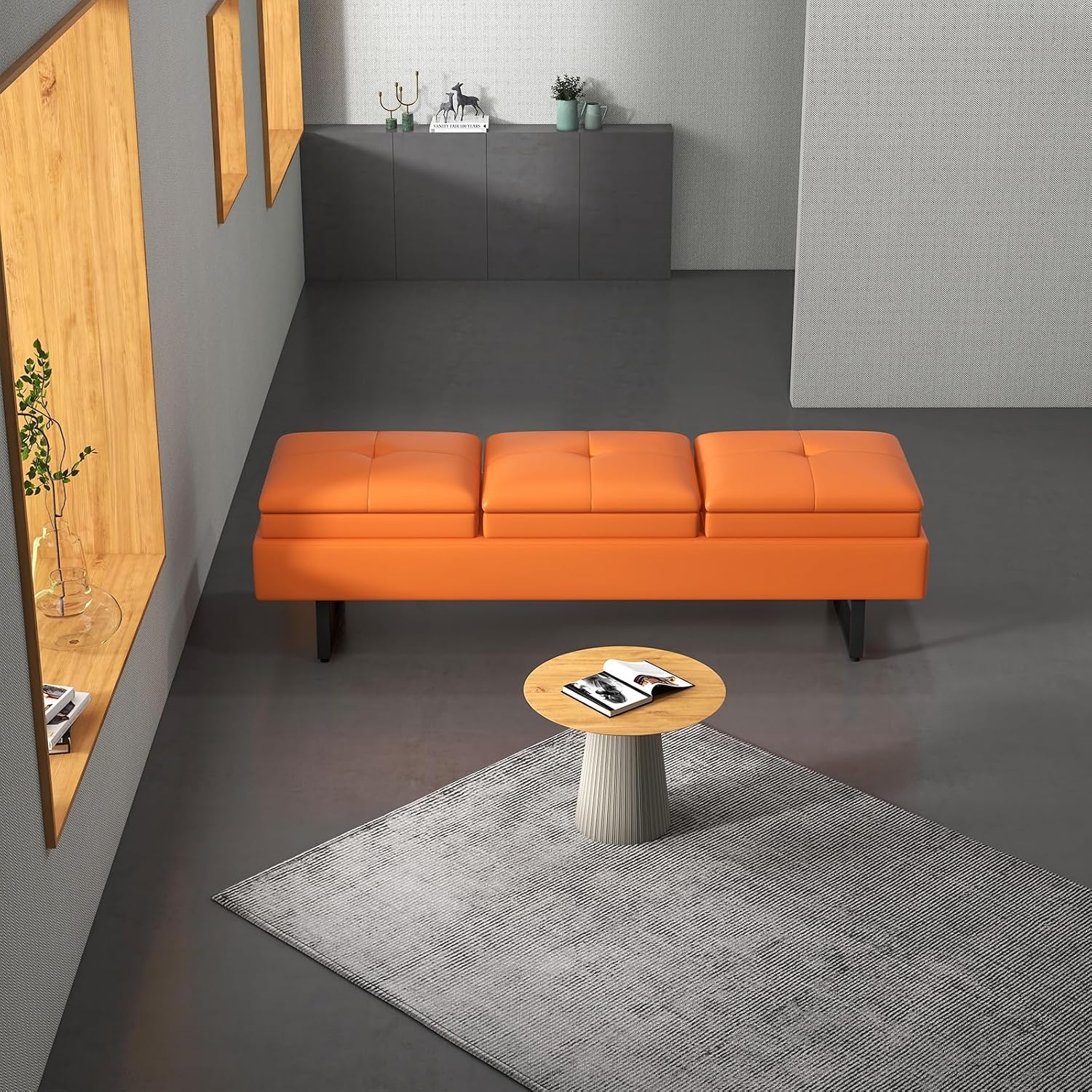 kinbor Waiting Room Bench for Salon - Modern Bench Waiting Room Chairs, Upholstered Lobby Chairs Reception Area Leather Bench Furniture with Metal Legs, 3 Seat