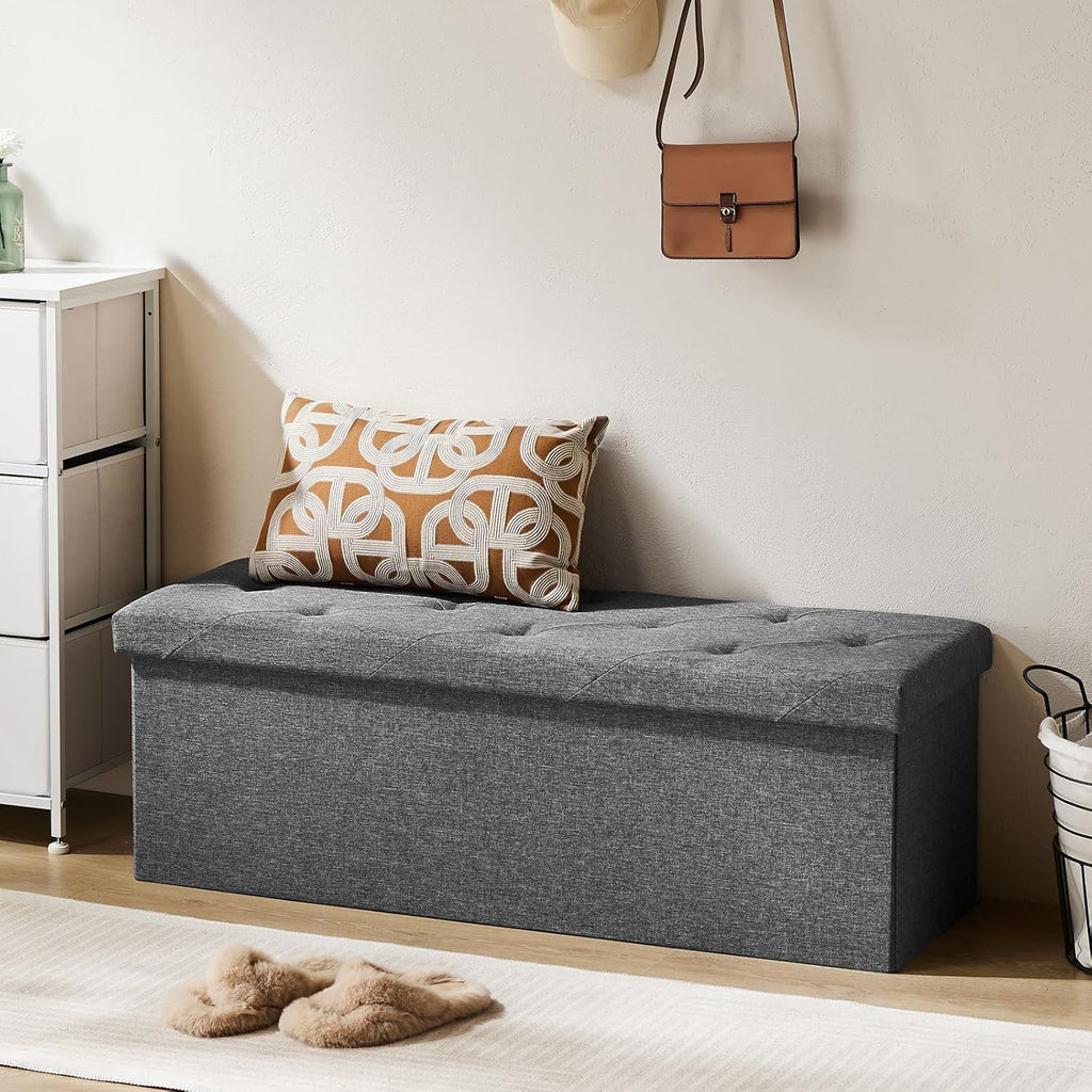 DUMOS 43 Inch Folding Storage Ottoman Bench, Large Hidden Storage Chest with Thicker Foam Padded Seat, End of Bed Foot Rest Stool for Bedroom Living Room Entryway, Load 660 lbs, Grey