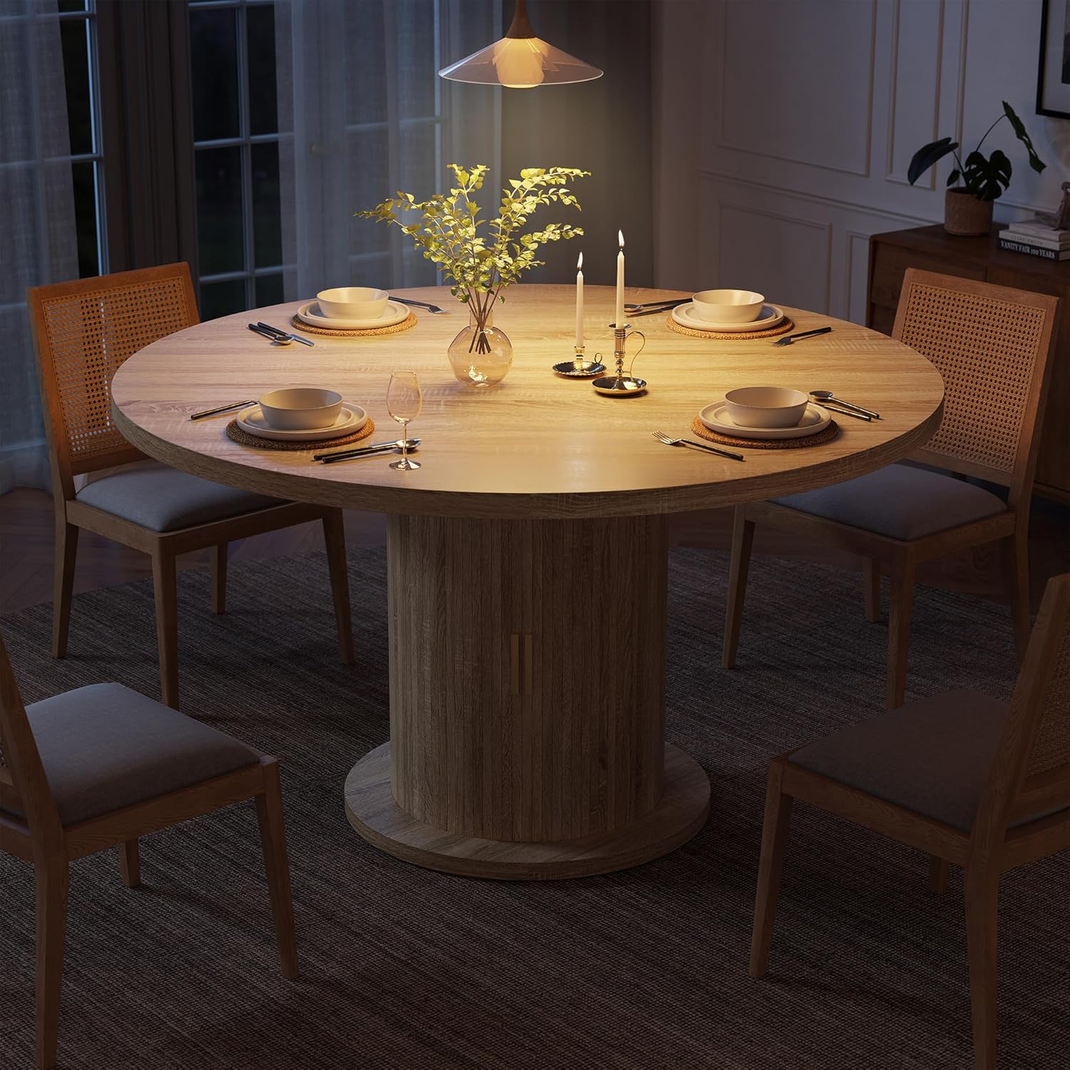 Round Dining Table for 4-6, 43.3" Modern Farmhouse Kitchen Table with Hidden Storage & Tambour Door, Japandi Style Wood Pedestal Circle Table for Small Spaces, Apartment, Dining Room, Classic Oak