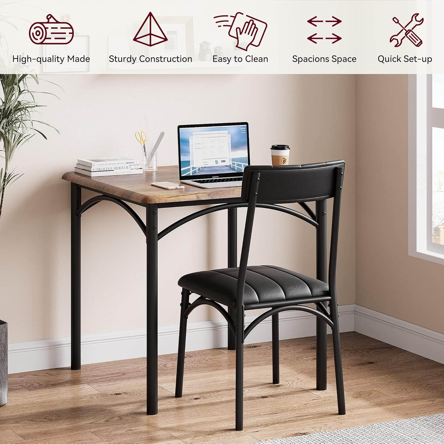 3-Piece Dining Table Set for 2, Kitchen Table Set with 2 Upholstered Chairs, Square Dining Table Set for Apartment, Studio, Small Space, Brown
