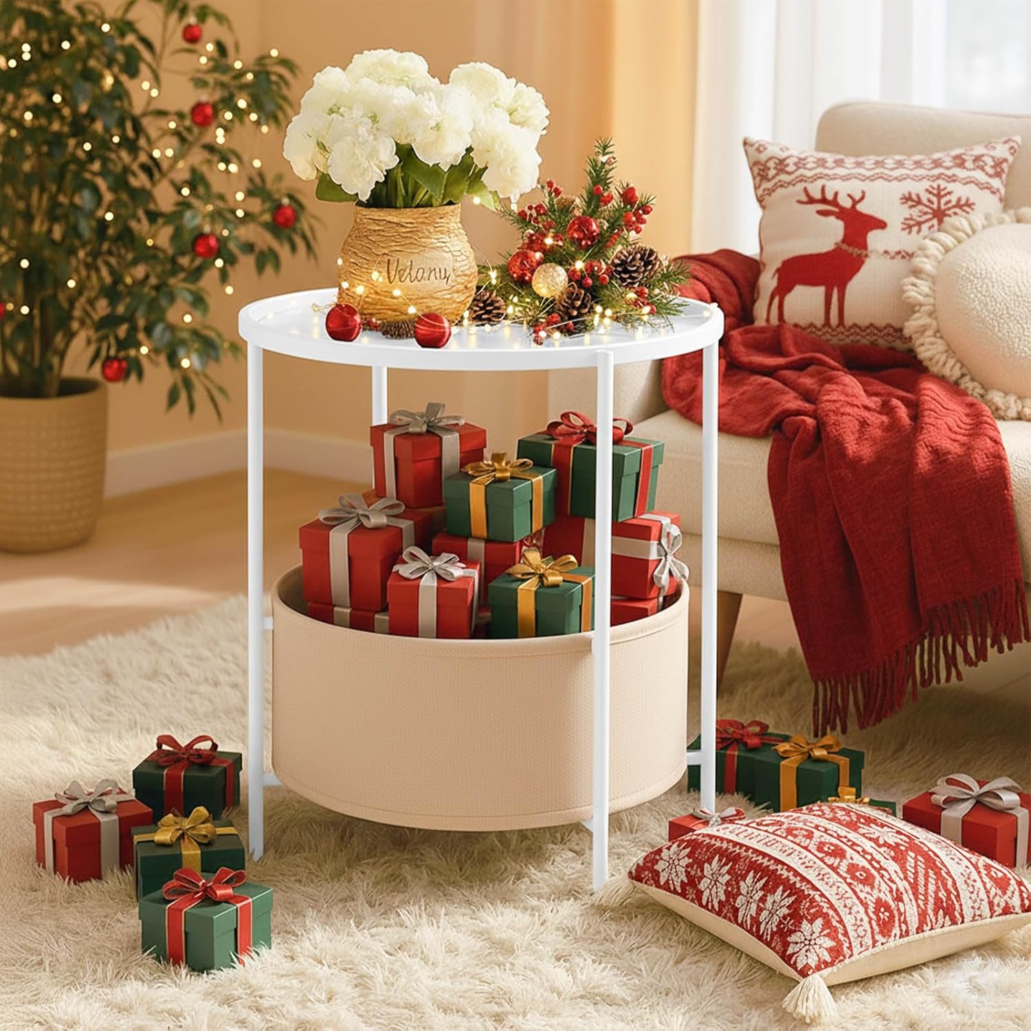 ShellKingdom End Table, Small Round Side Table with Fabric Basket, Metal Night Stand with Removable Tray for Living Room, Bedroom, Nursery, Laundry (White)