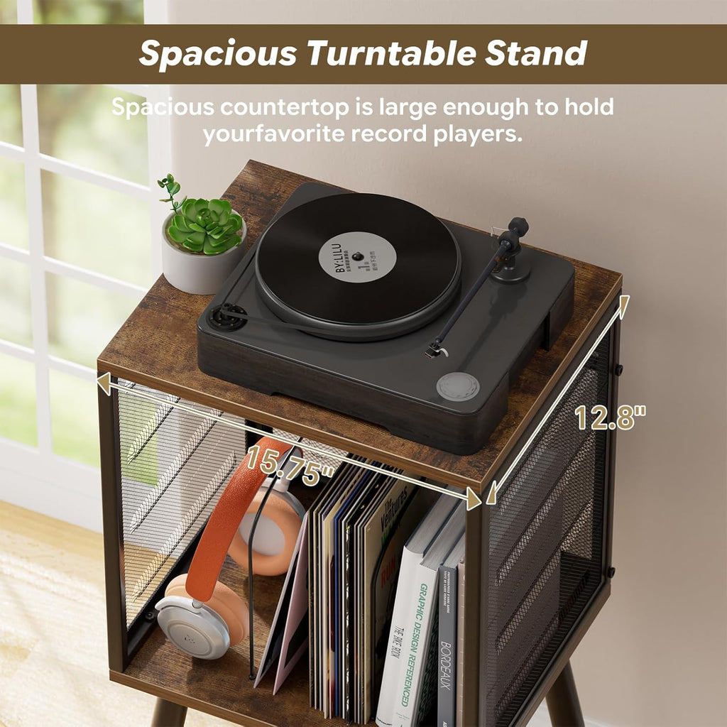 Simple Trending Record Player Stand, Storage up to 100 Albums, Vinyl Record Holder with Storage Shelf, Adjustable Divider, Rustic Brown