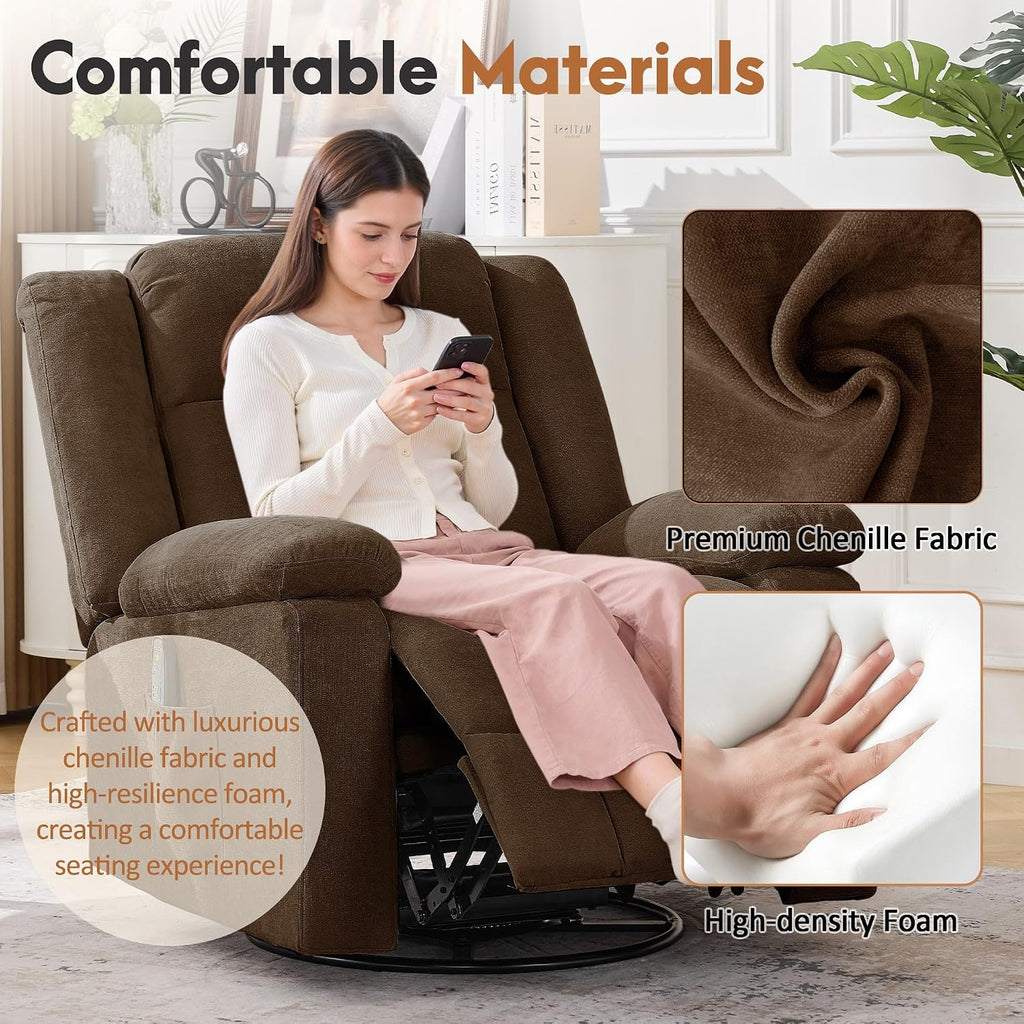 Korser Rocker Recliner Chair for Adults, 360° Swivel Rocker Recliner with Massage and Heating, Nursery Rocking Chairs with Side Pockets, Manual Reclining Chair for Living Room