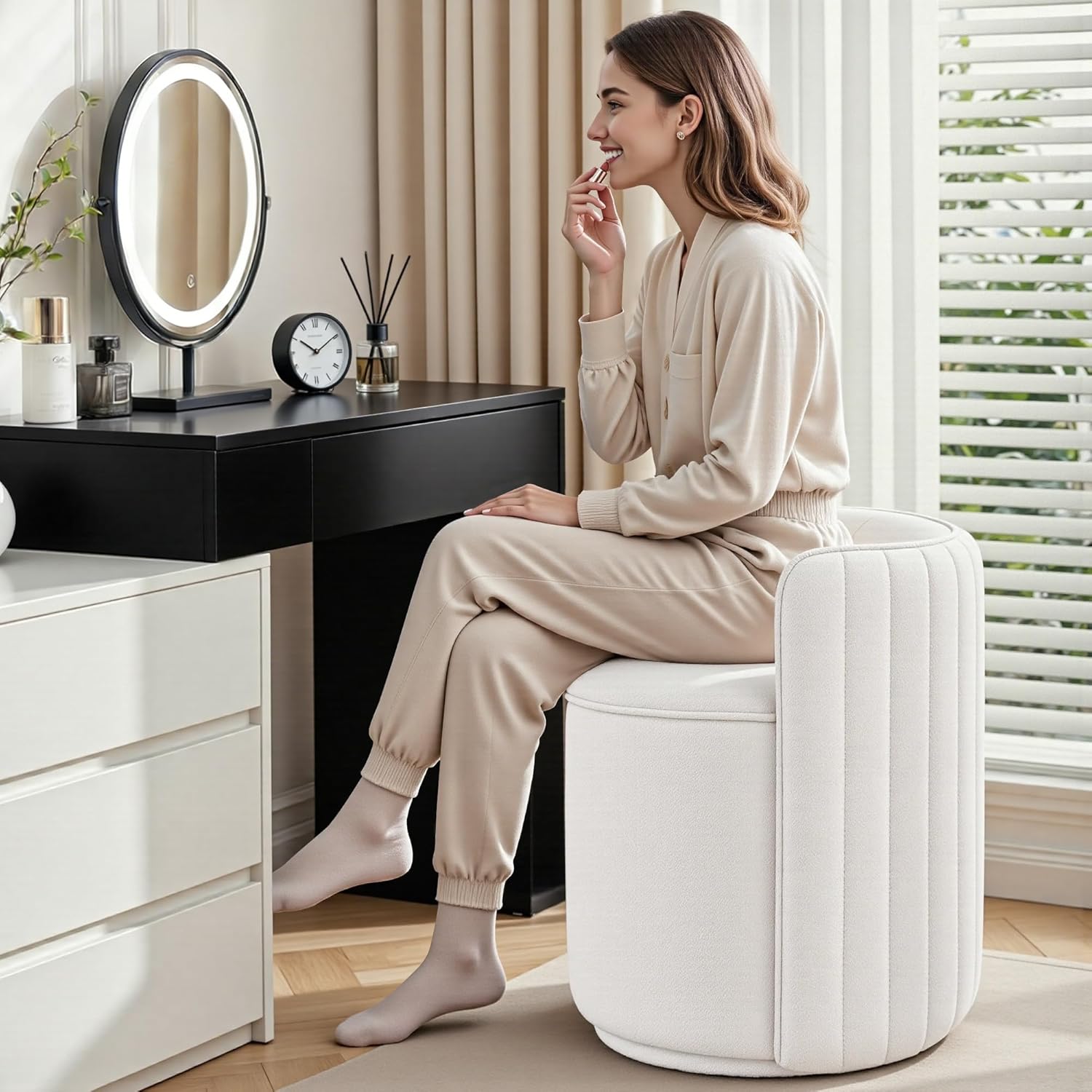 Vanity Chair with Storage, 360° Swivel Velvet Makeup Stool with Wave Backrest, Modern Round Upholstered Closet Stool, No Assembly for Bedroom, Dressing Room & Living Room, White