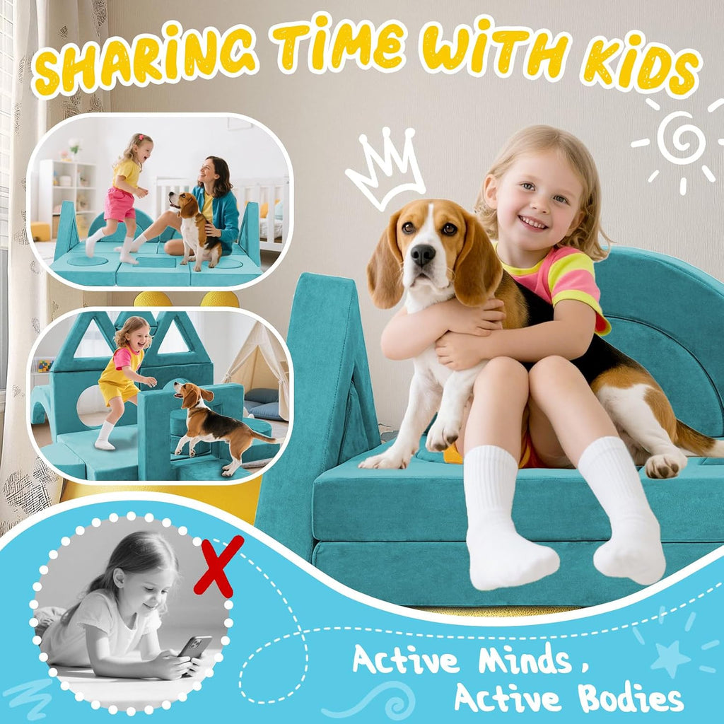 16PCS Modular Kids Play Couch Versatile Toddler Sofa Bed with Washable Covers Convertible Foam Sofa for Playroom Bedroom Creative Fort Building Set for Boys & Girls (Cyan)