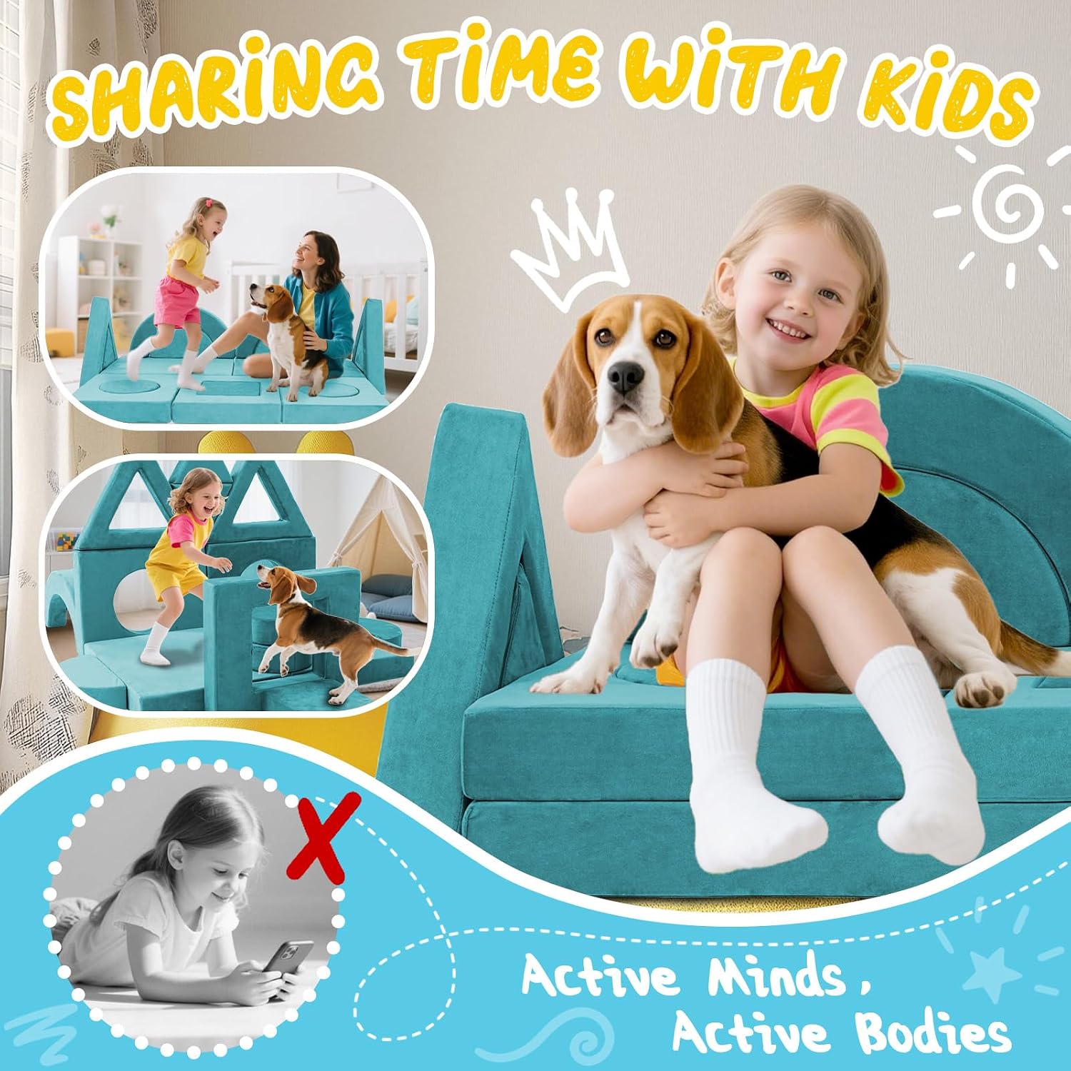 16PCS Modular Kids Play Couch Versatile Toddler Sofa Bed with Washable Covers Convertible Foam Sofa for Playroom Bedroom Creative Fort Building Set for Boys & Girls (Cyan)