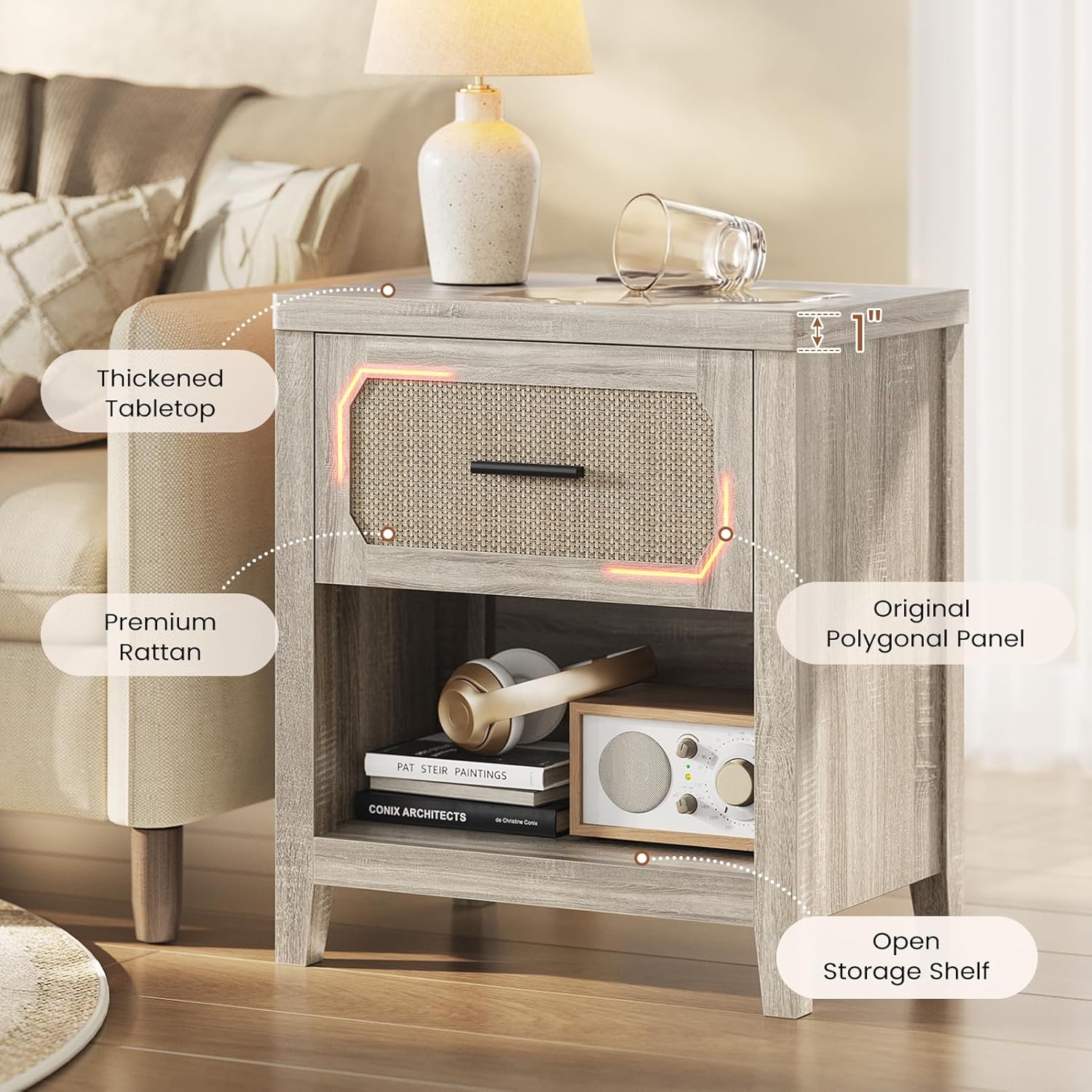 Rattan Nightstand Set of 2 with Charging Station, 22'' Wide Bedside Table with Drawer & Open Shelf, Wood Night Stand End Side Table with Storage for Bedroom, Grey Oak