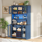 Merax 70.9" Tall Kitchen Pantry Storage Cabinet with Charging Station and LED Lights, Rustic Kitchen Hutch Food Pantries with Wine Rack, Drawer & Adjustable Shelves for Dining Room, Navy Blue