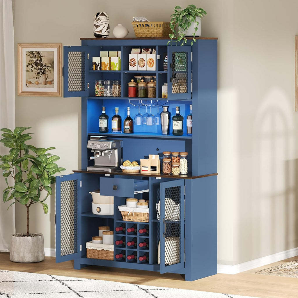 70.9" Kitchen Pantry Storage Cabinet Rustic Buffet Cabinet, Kitchen Hutch Cabinet with LED Outlets Food Pantry with Doors and Shelves Wine Rack for Dining Room, Navy Blue