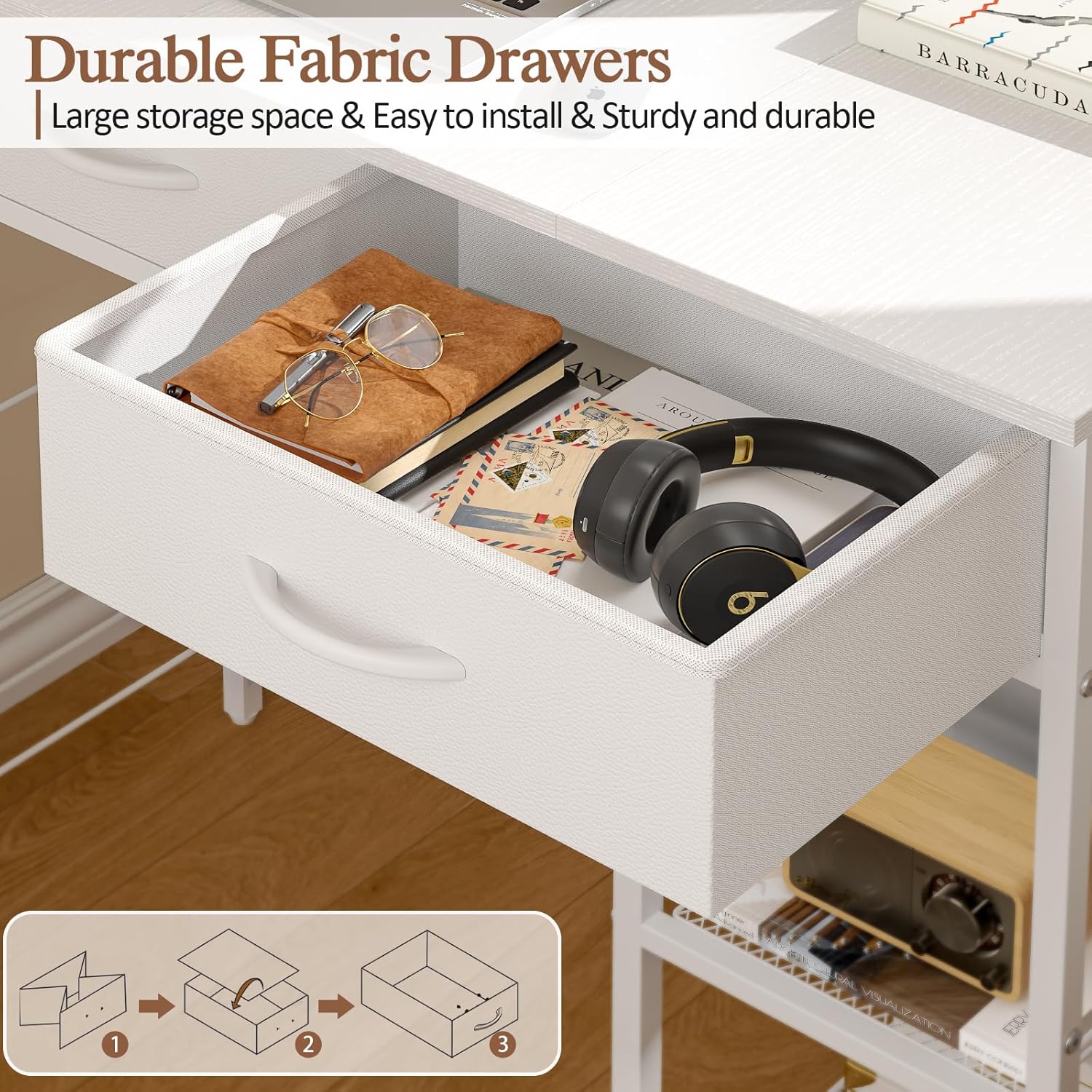ThreeHio Small Writing Desk with 2 Drawers, White Computer Desk with Storage Shelf, Home Kids Study Table for Small Spaces, Simple Desk for Bedroom, Home Office, Living Room, Dorm, Vanity Desk, White