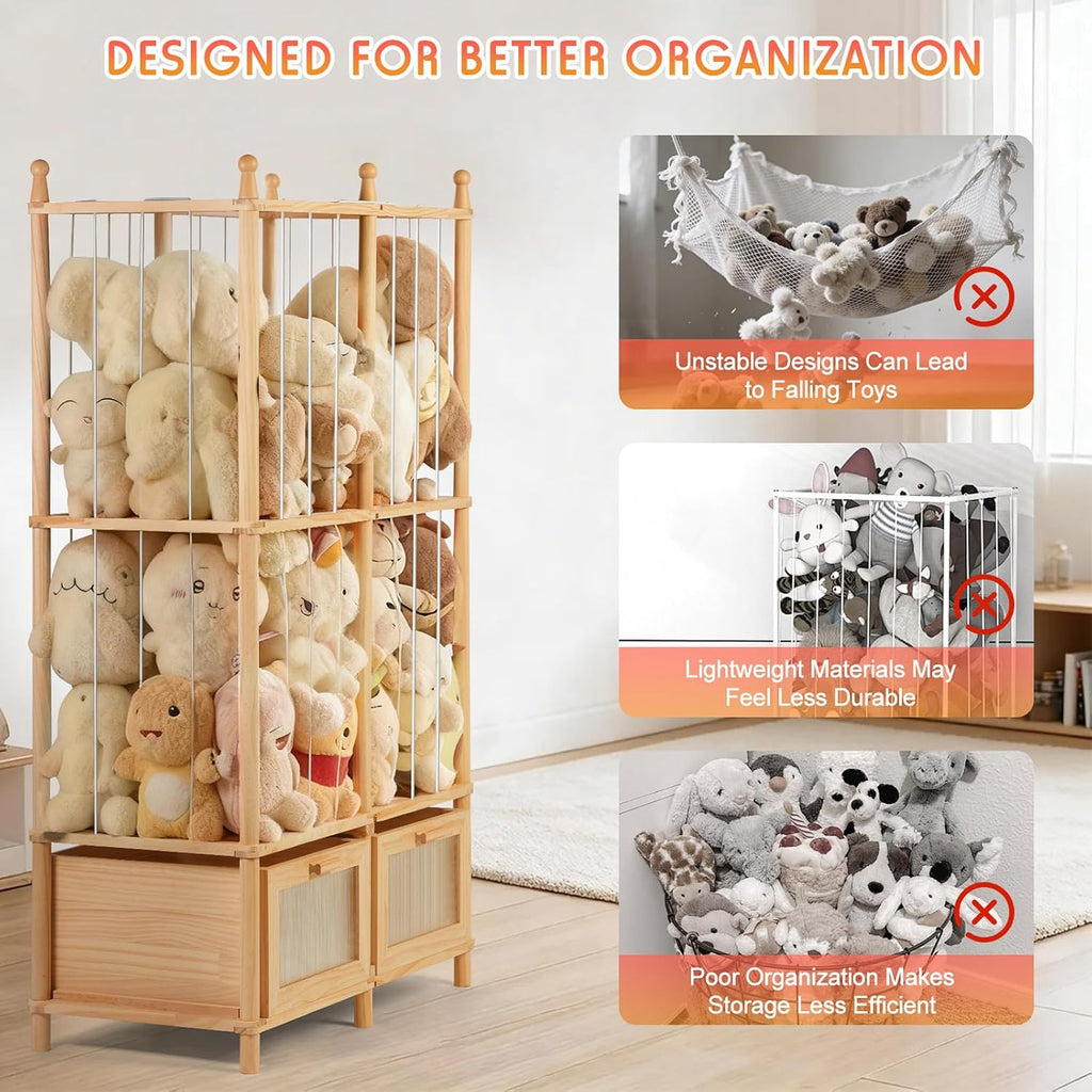 Stuffed Animal Storage with Two Wooden Drawers, 280L Extra Large Capacity Plush Toy Organizer Tower, Solid Wood Stuffed Animal Zoo Storage for Bedroom, Playroom&Home Organization