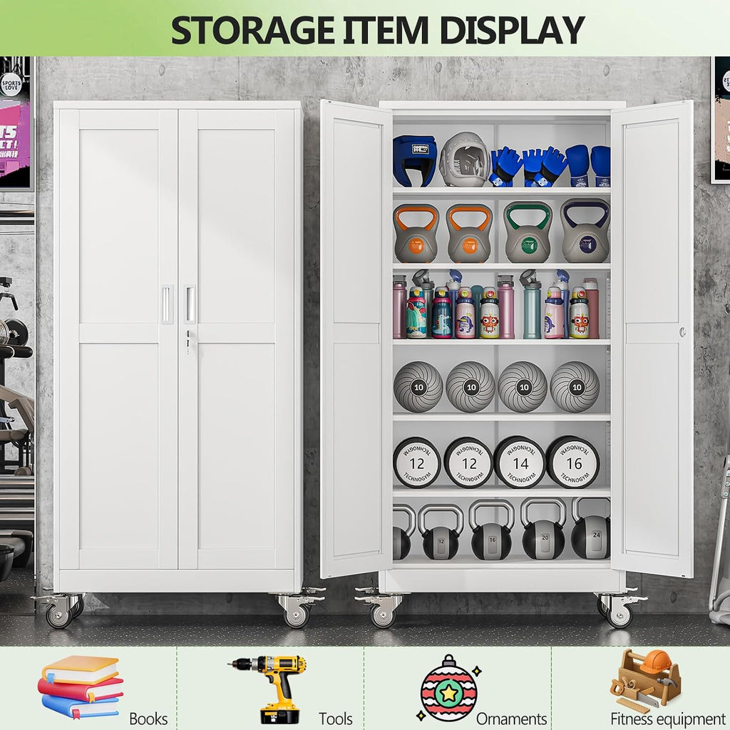 Metal Garage Storage Cabinets and storage system, 74”Tall Rolling utility cabinet with Wheels, Lock, 5 Adjustable Shelves, Heavy Duty Steel Tool Locker for Home Office, Utility Room, Gym,White