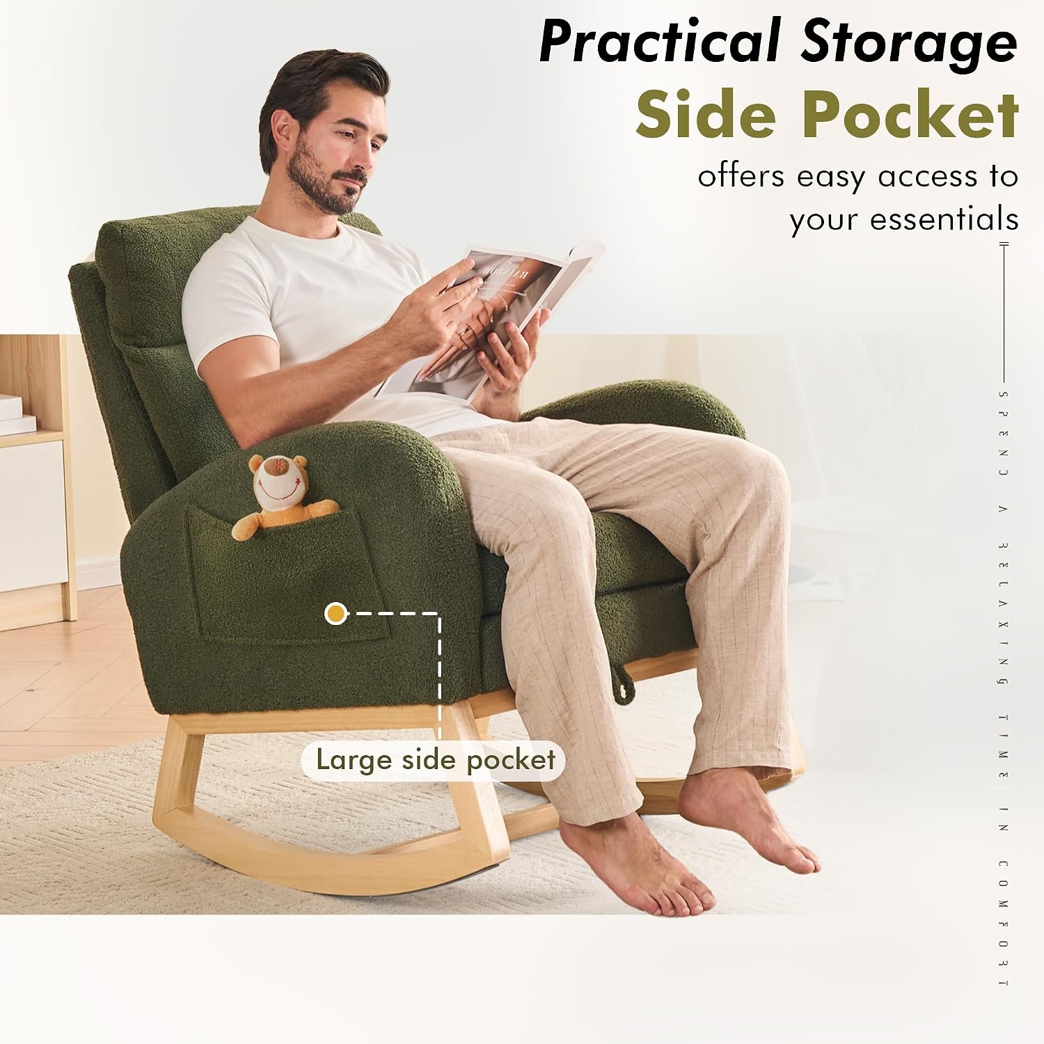 FOXHUNTER Rocking Chair for Nursery with High Backrest & Foot Rest-Nursery Rocking Chairs with Side Storage Pocket for Breastfeeding,Modern Glider Chair for Baby Bedroom,Living Room,Teddy, Green