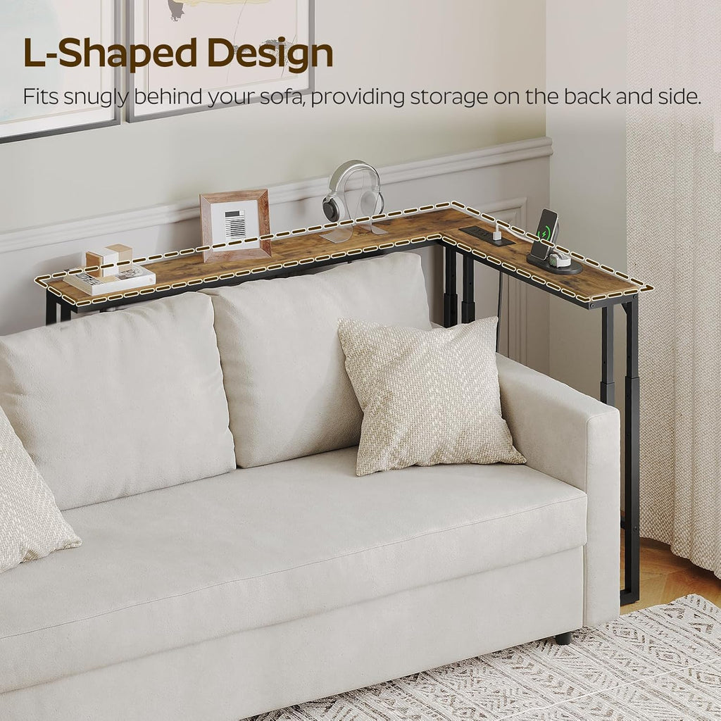 YATINEY 70.9" Narrow Console Table with Adjustable Height (27.6"-35.4"), L Shaped Sofa Table Narrow Long, Skinny Behind Couch Table with USB-C Ports, 5.9" Wide Sofa Side Table, Rustic Brown CT28UBR