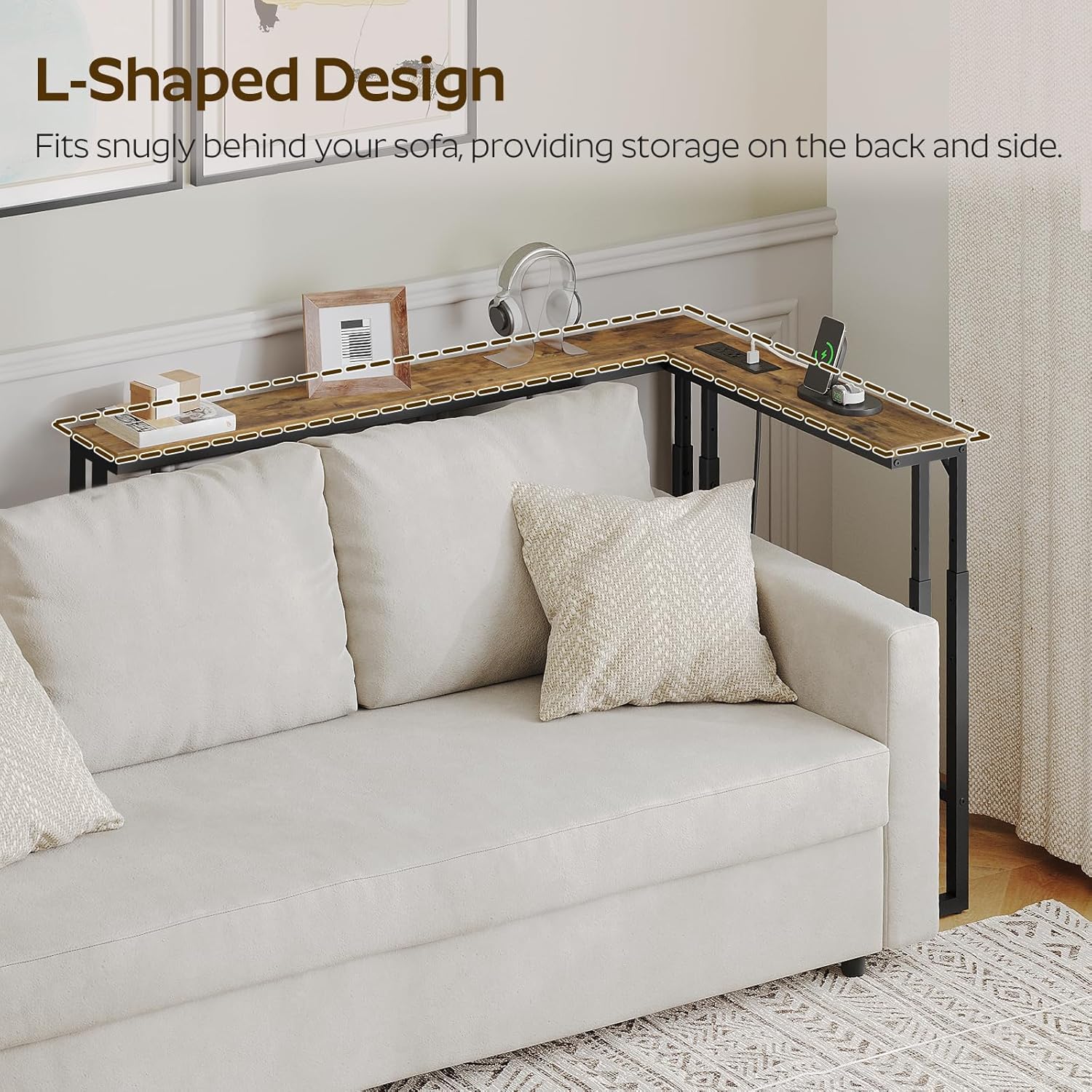 YATINEY 70.9" Narrow Console Table with Adjustable Height (27.6"-35.4"), L Shaped Sofa Table Narrow Long, Skinny Behind Couch Table with USB-C Ports, 5.9" Wide Sofa Side Table, Rustic Brown CT28UBR