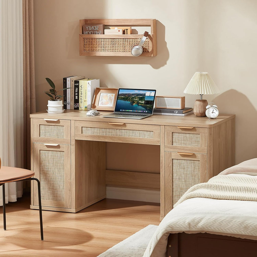 LEYAOYAO Office Desk 56" with 5 Drawers Storage File Cabinet Rattan Wood Desk for Computer Office Bedroom Home Furniture Natural