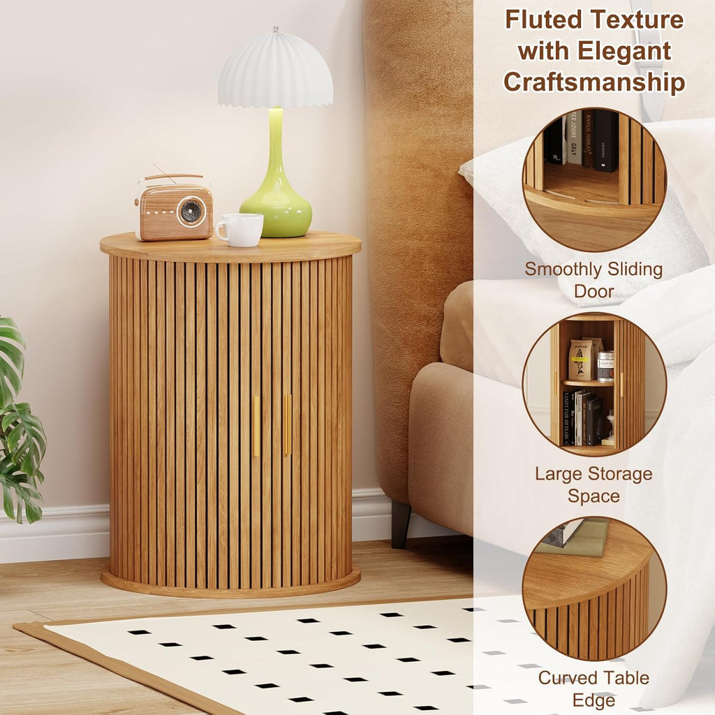 Round Fluted End Table Tall Side Table with Sliding Tambour Door & Storage Shelf, Bedside Table for Living Room Mid-Century Modern Nightstand for Bedroom (1, Natural)